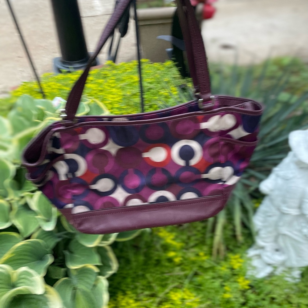 Coach signature scarf print  Purple Patterned Tote Bag leather trim 18 X 9 - Picture 3 of 7